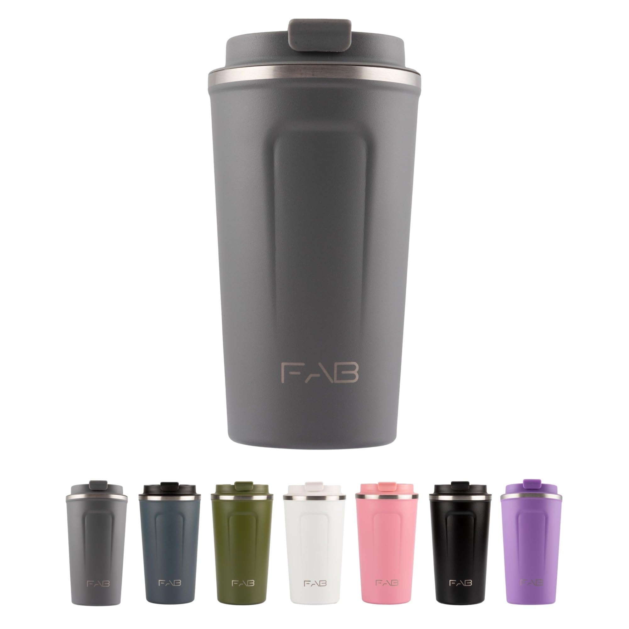 FAB Travel Mug, Reusable Coffee Cup (510ml, Grey) - Double Wall Stainless Steel with Screw Lid - Thermal Camping Cup, Vacuum Insulated for Hot and Cold Drinks, Eco-Friendly