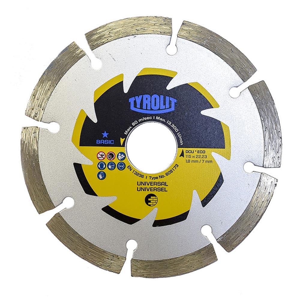 TYROLIT 115mm Dry Cutting Diamond Blade, Segmented Stone and Tile Cutting Disc for Angle Grinders, Universal Applications for Concrete, Masonry and Bricks - 115 x 2 x 22.23 mm