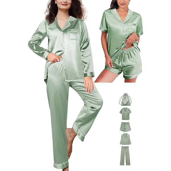 小物 wake setinn WJing Yi Jia 5Pcs XS-XXL Womens Silk Satin Pajamas Sets Long