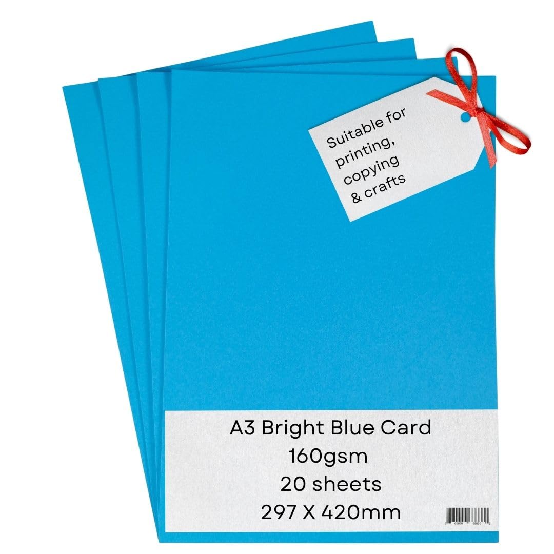 A3 Bright Blue Card Paper Printer - 180gsm 20 Sheets - Coloured - Suitable for Craft, Printing, Copying, Photocopiers