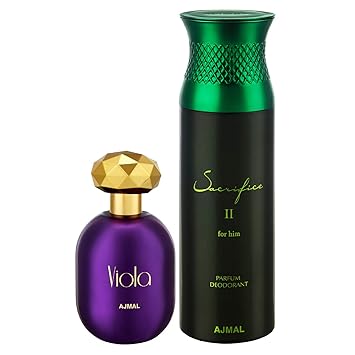 Ajmal Viola EDP Fruity Floral Perfume 75ml for Women and Sacrifice II for Him Deodorant Fruity Aromatic Fragrance 200ml for Men+ 2 Parfum Testers FREE