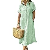 chouyatou Women's Summer Striped Midi Long Shirt Dress Casual Loose Short Sleeve Button Down Dress