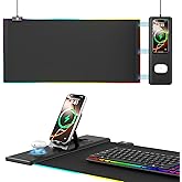 KDD Mouse Pad with Foldable Phone Holder - Wireless Charging Desk Mat 15W Fast - RGB Gaming Mousepad with Ultra-Smooth Surface, Non-Slip Base - Keyboard Mat for Home Office Gamer Desk Accessories