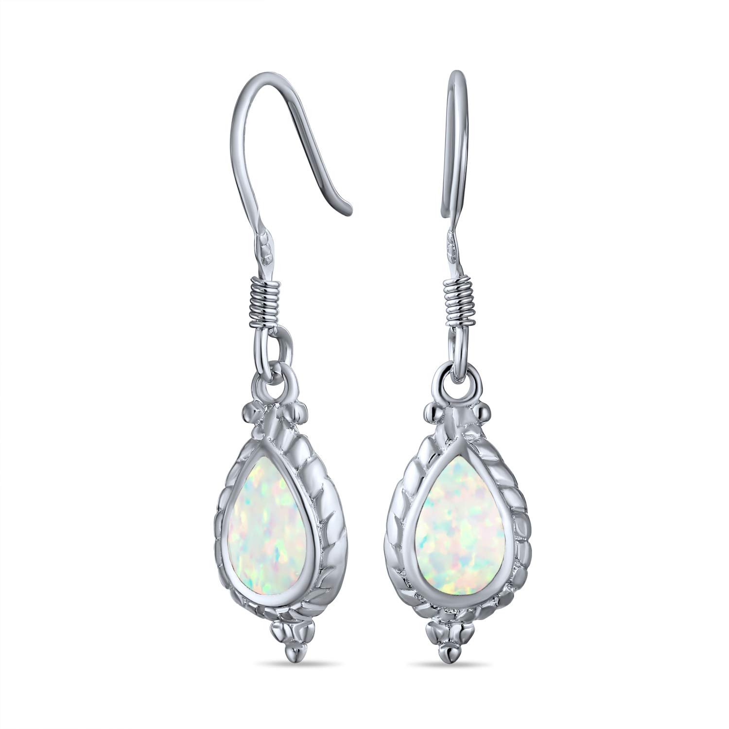 Antique Vintage Style Cable Milgrain Cameo Style Teardrop Iridescent White Created Opal Drop Dangle Earrings For Women .925 Sterling Silver French Wire โ image 1