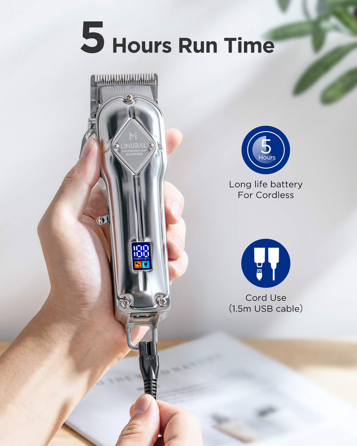 Limural Hair Clippers for Men Professional Cordless Clippers for Hair Cutting Beard Trimmer Barbers Grooming Kit Rechargeable, LED Display, Silver: Beauty
