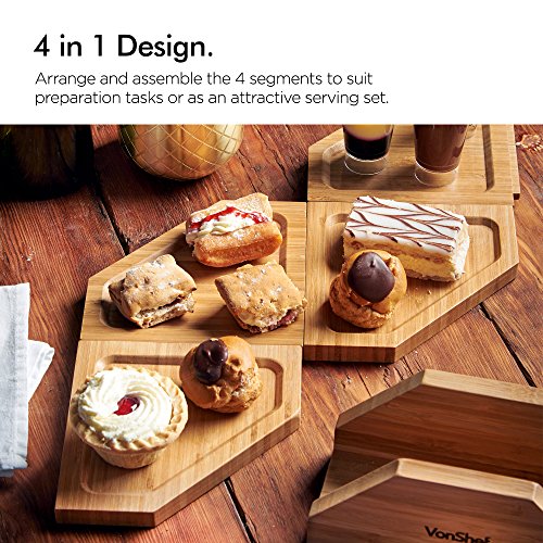 VonShef Jigsaw Platter Cheese Board with Display Stand, Natural Bamboo Wooden Charcuterie and Meat Serving Boards, 4 Connecting Coaster Plates Included, H6 X W6 X D0.5 Inches