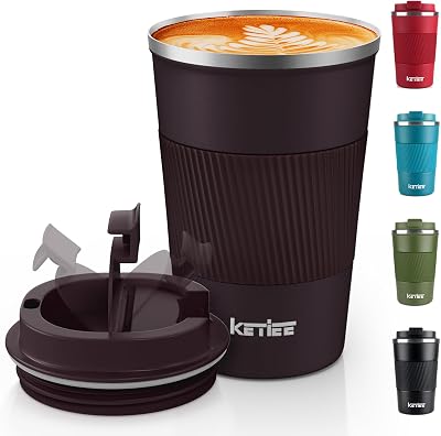 KETIEE 380ml Insulated Travel Mug with Leakproof Lid Brown