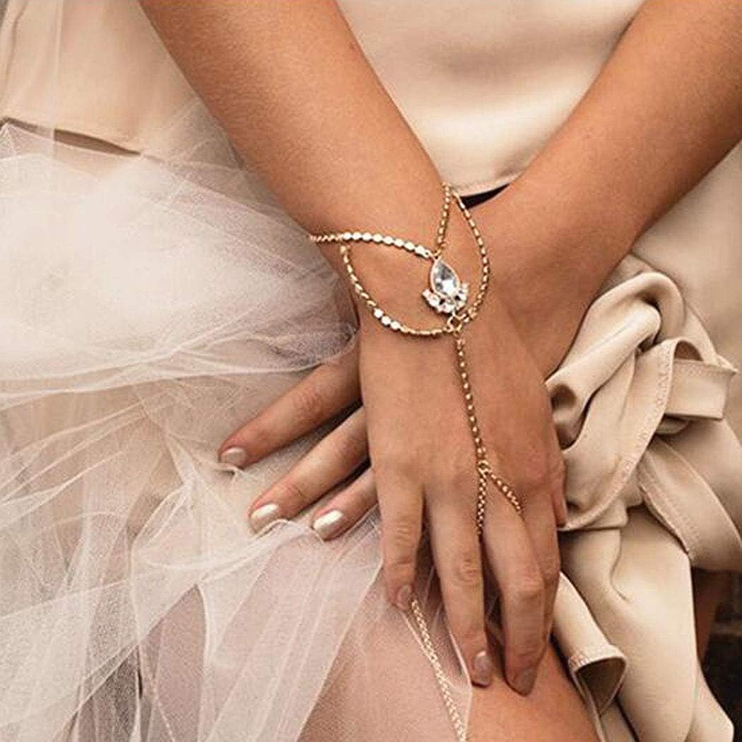 Gypsy Rhinestone Bracelet Gold Color Crystal Hand Chain with Finger Ring Hand Bangle Harness for Women and Girls (1PC)