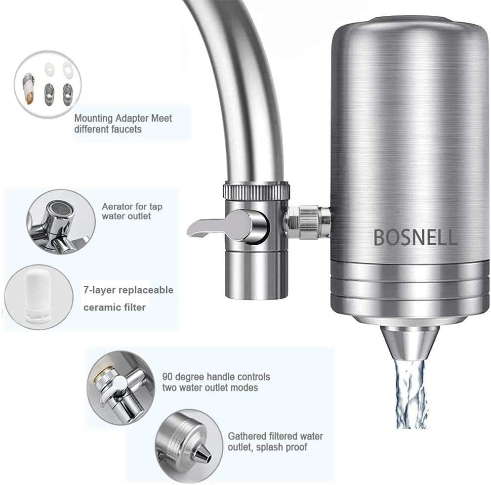 Faucet Water Filter, 304 Stainless-Steel Filtration System, Large Water Flow, Water Purifier, Reduce Chlorine, Lead Reduction, Double Outlet, Fits Standard Faucets (2 Filter Cartridges Included): Industrial & Scientific