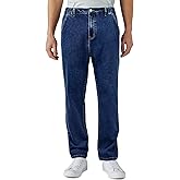 LBDLONGBIDA Business-Style Men's Relaxed Fit Elastic Waist Jeans Stretch Denim Pants with Zipper and Button Closure