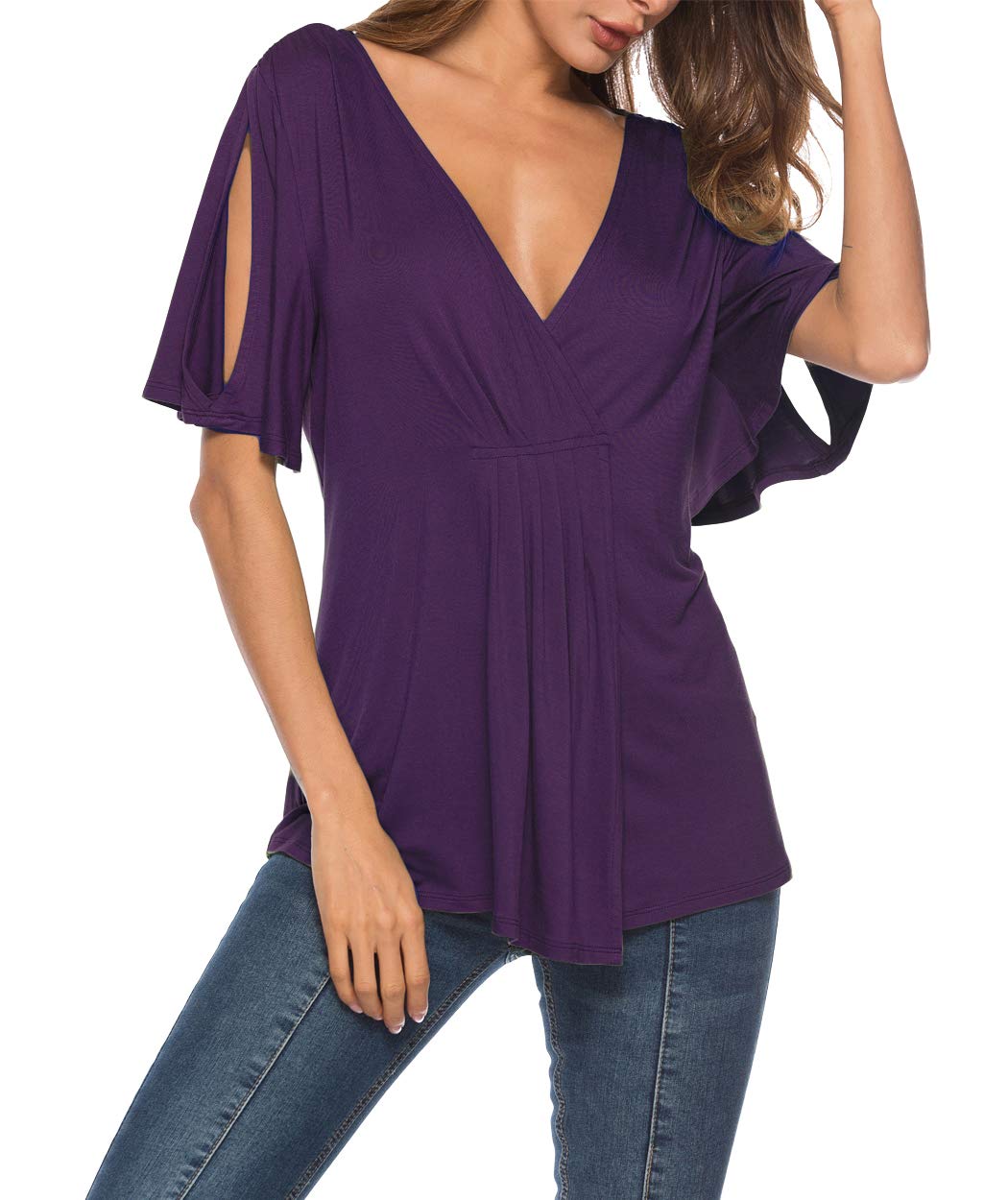 Eanklosco V Neck Shirts Womens Sexy Short Sleeve Cold Shoulder Tops Unique Ruffle Front Side Slit T Shirts (M, Purple)