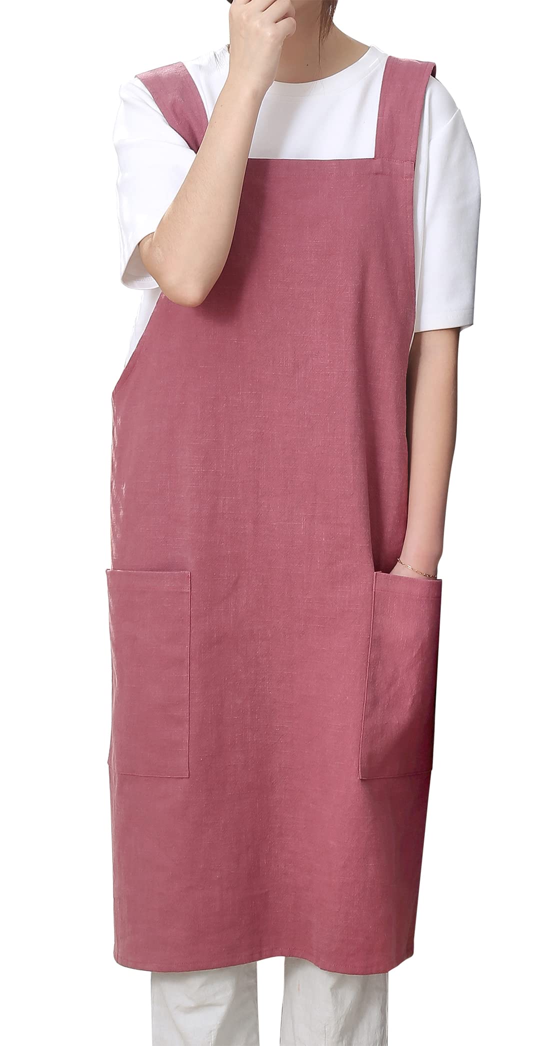 Pincy Cotton Linen Apron for Women - No-ties Cross Back Apron with Pocktes, Great for Florist, Coffee House and Kitchen (Burgundy)