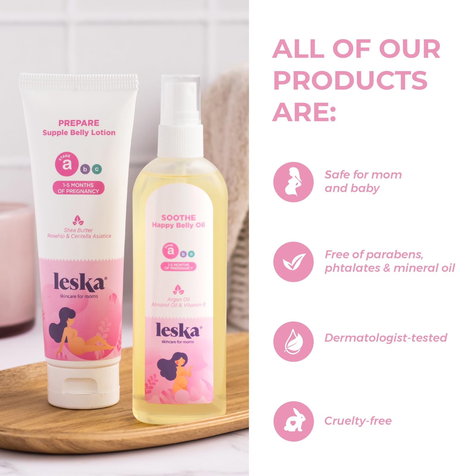 Leska Maternity Lotion & Oil | STAGE A: PREPARE & SOOTHE Supple Belly Lotion & Happy Belly Oil (Pregnancy Months 1-5) | Part of a Complete 3-Stage Pregnancy Skincare System | New Mom Gifts (4-4.22oz)
