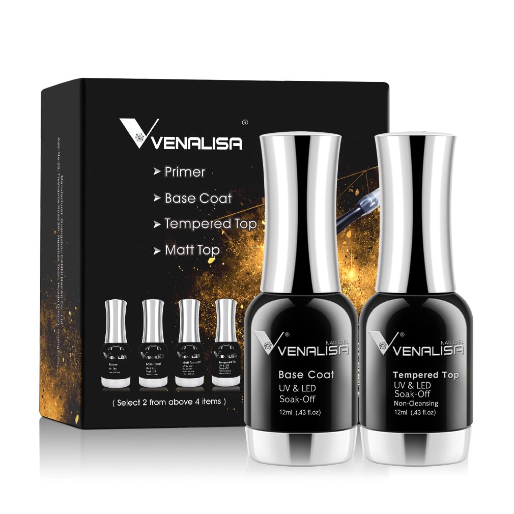 VENALISA Gel Nail Polish 12ml Base Coat and No-wipe Top Coat 2pcs Set Shine Finish and Long Lasting Soak Off LED Nail Lamp Gel Base Top Coat Nail Art Design Manicure Gifts for Girls