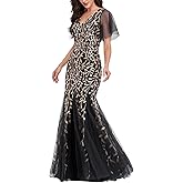 YHHOWEP Women's Formal Evening Gowns Dress Sparkly Glitter Sequin V Neck Tulle Embroidery Bodycon Mermaid Elegant Ruffles Sleeve Cocktail Maxi Prom Dresses Black Gold M