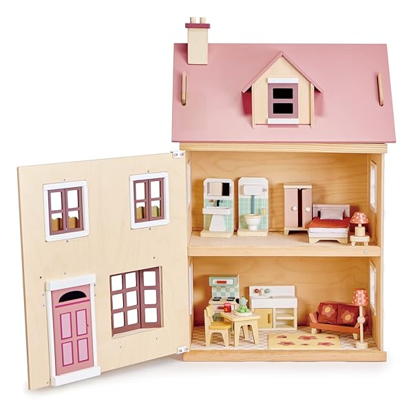 TENDER LEAF TOYS – FOXTAIL VILLA – BEAUTIFUL MID-SIZED WOODEN TOWN-STYLE DOLL HOUSE WITH STARTER FURNITURE SET – MINIATURE PLAY – ENCOURAGES ROLE-PLAY AND STORY INVENTION IN BOYS AND GIRLS – AGE 3+