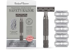 ROCKWELL RAZORS 2C Gunmetal Chrome Double Edge Safety Razor With Adjustable Shave Settings and 5 Fully Recyclable Razor Blades. Reusable Safety Razors for Men and Women
