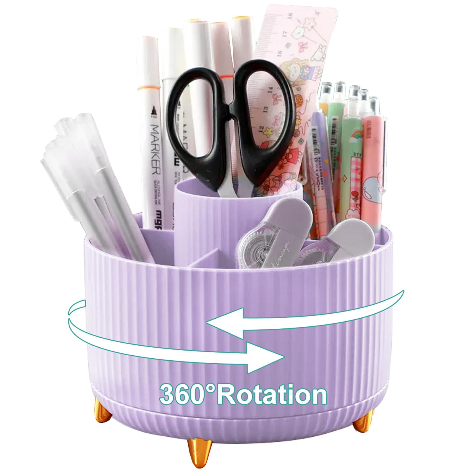 Lenfuos Rotating Pen Pencil Holder Desk Organiser - 360 Degree Pencil Pots Makeup Brush Holder with 5 Compartments for Home Office Supplies Desktop Tidying and Stationary Storage