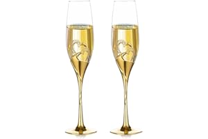 Gold Creative Heart Set with Diamonds Champagne Flutes - Wedding Glasses for Bride & Groom - Toasting Cups Gift Sets for Coup