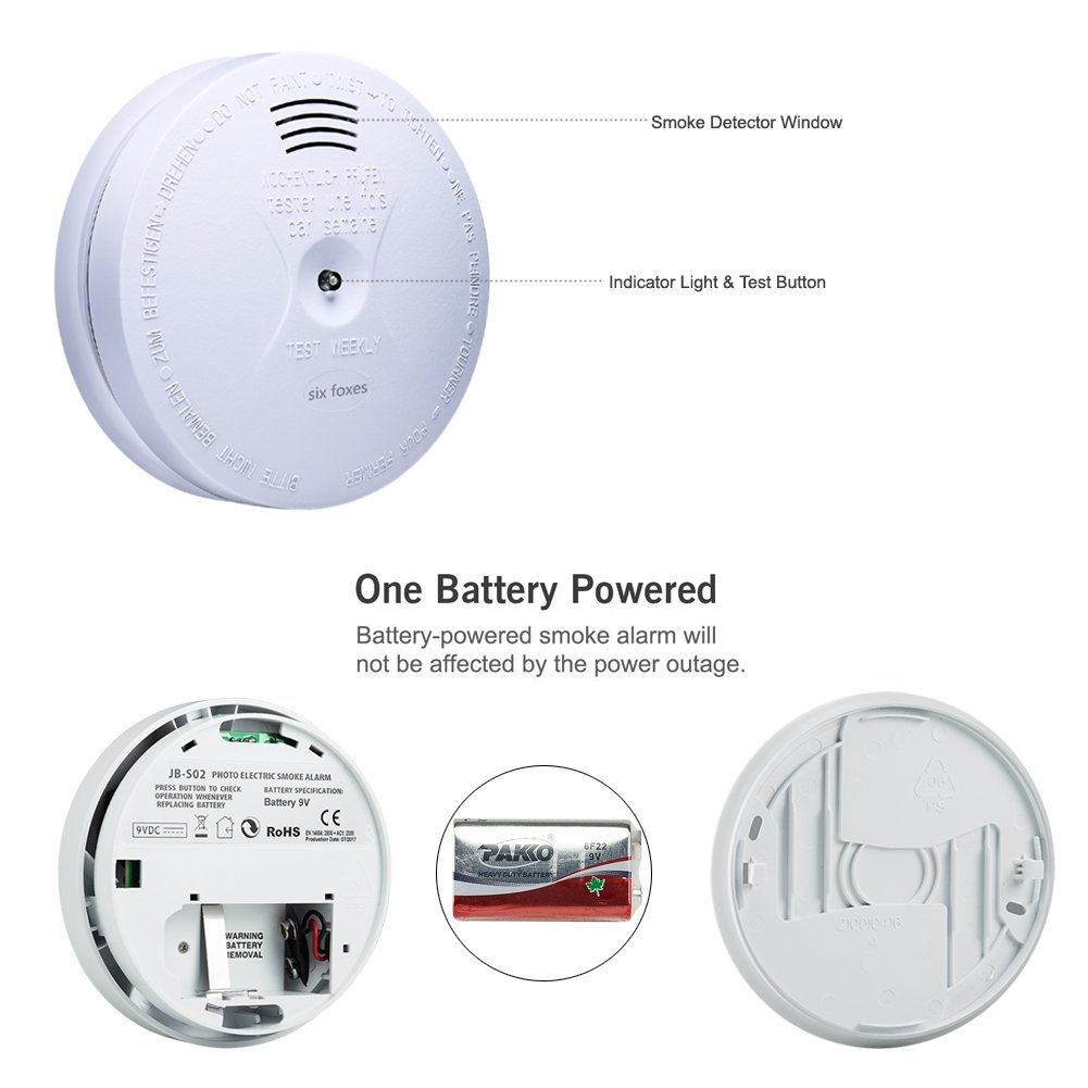 Detector de humo, Six Foxes Detector con 10 años de duración funciona con pilas Detector de humo Sensor con photoelektrischem Sensor, adecuado para ...
