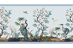 Grace & Gardenia GB50031g8 Chinoiserie Herons Peel and Stick Wallpaper Border 8in Height x 15ft Blue Green White Designs