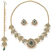 Teardrop CZ Imitation Pearls Beaded Tassel Stud Earrings Indian Traditional Choker Necklace Head Chain Headband Hair Accessories Set for Women Gold Plated Fashion Bollywood Antique Jewelry 19"