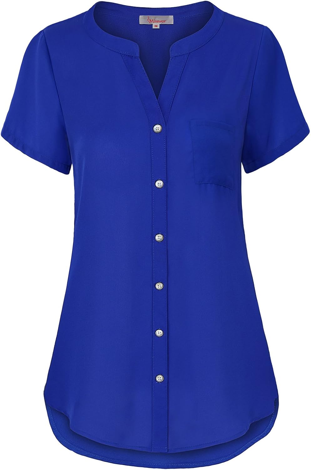 Misswor Womens Band Collar Roll Sleeve Button Down Chiffon Blouse Shirt