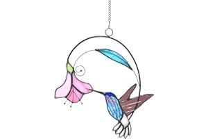 Lolitarcrafts Stained Glass Hummingbird Window Hangings with Flowers, Bird Stained Glass Suncatcher for Window Decor Hummingbird Gifts for Mom,Bird Lovers (Blue with Flower B)