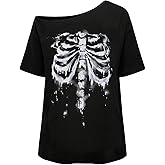 RoseSeek Women's Off The Shoulder Tops Gothic Graphic Tee Y2k Grunge Vintage Oversized T Shirts Trendy Outfits