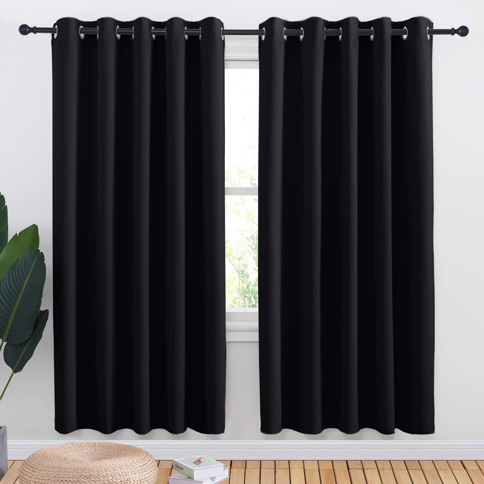 NICETOWN Blackout Draperies Window Curtain Panels, Autumn/Winter Thermal Insulated Solid Grommet Blackout Curtains/Drapes for Cafe (Set of 2, 70 inches by 72 inches, Black) Image