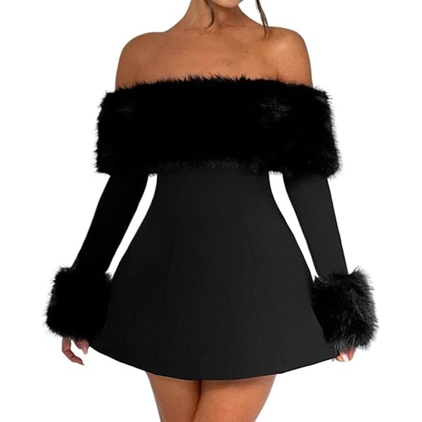 【amerge】fur cami mini onepiece（black） Amazon.com: VIVICOLOR Off Shoulder Long Sleeve Fur Trim Short A