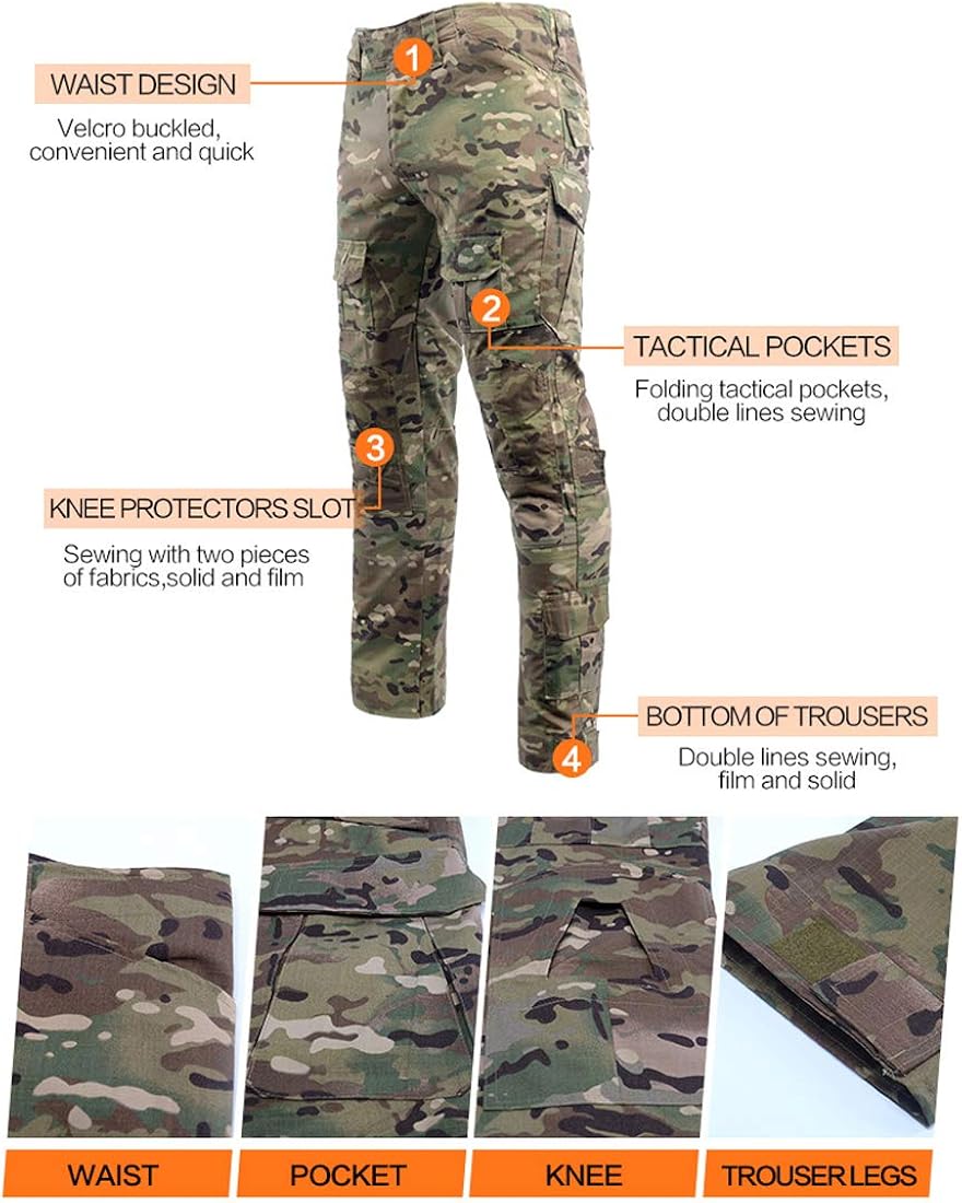 LANBAOSI Men's Tactical Combat Shirt and Pants Set Long Sleeve Multicam Woodland BDU Hunting Military Uniform 1/4 Zip: Clothing