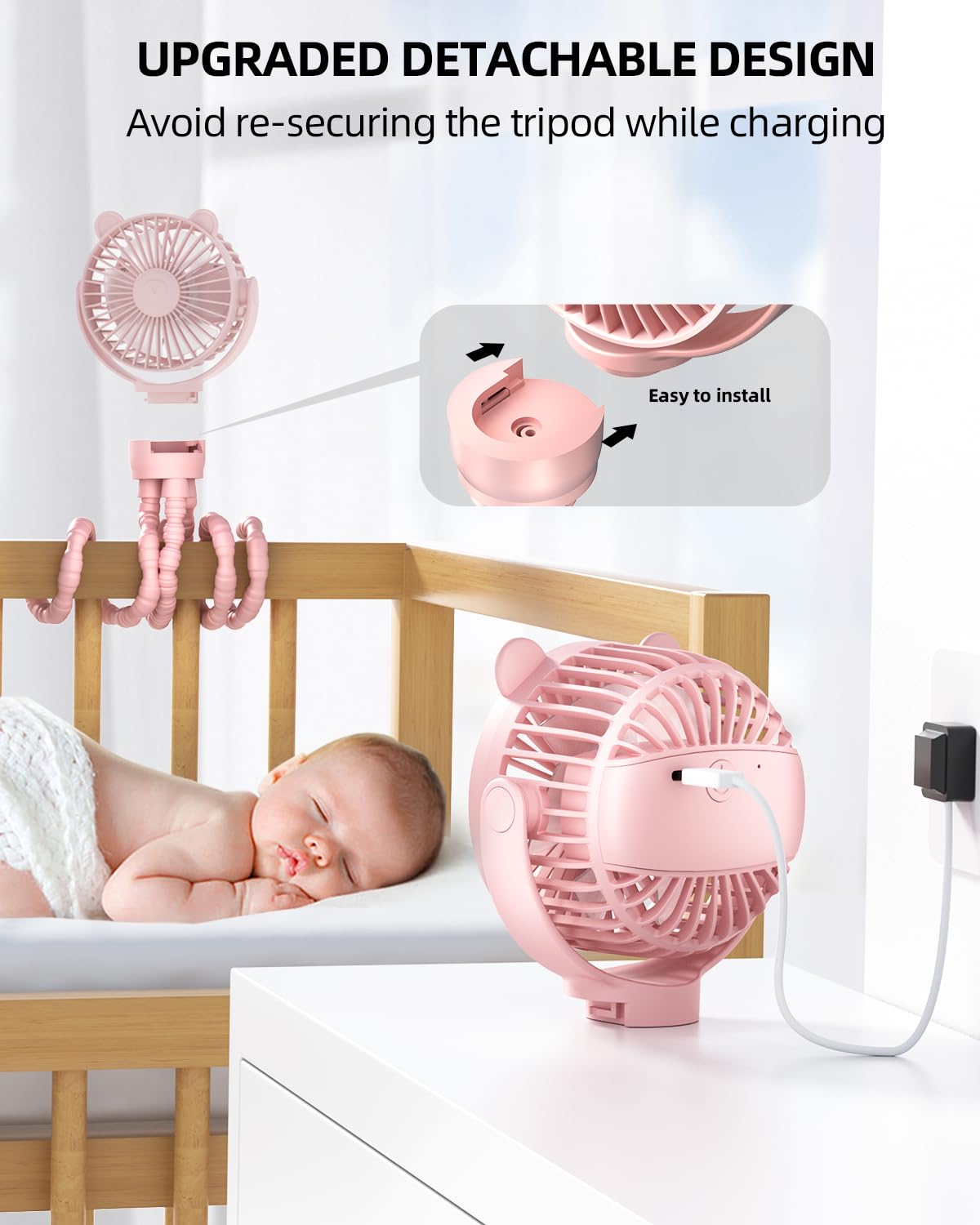 Portable Mini Stroller Fan, Battery Operated Small Clip on, Detachable Flexible Tripod Baby Fan with 3 Speed, Rechargeable Personal Fan for Car Seat Crib Treadmill Travel