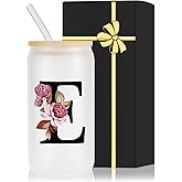 Monogrammed Glass Drinking Cup With Lid Straw Best Female Friend Happy Birthday Ideal Close Women Bf Stuff Bestie Soul Sister Ever Long Distance Personalized Unique Cute Christmas Xmas Gift Present,E