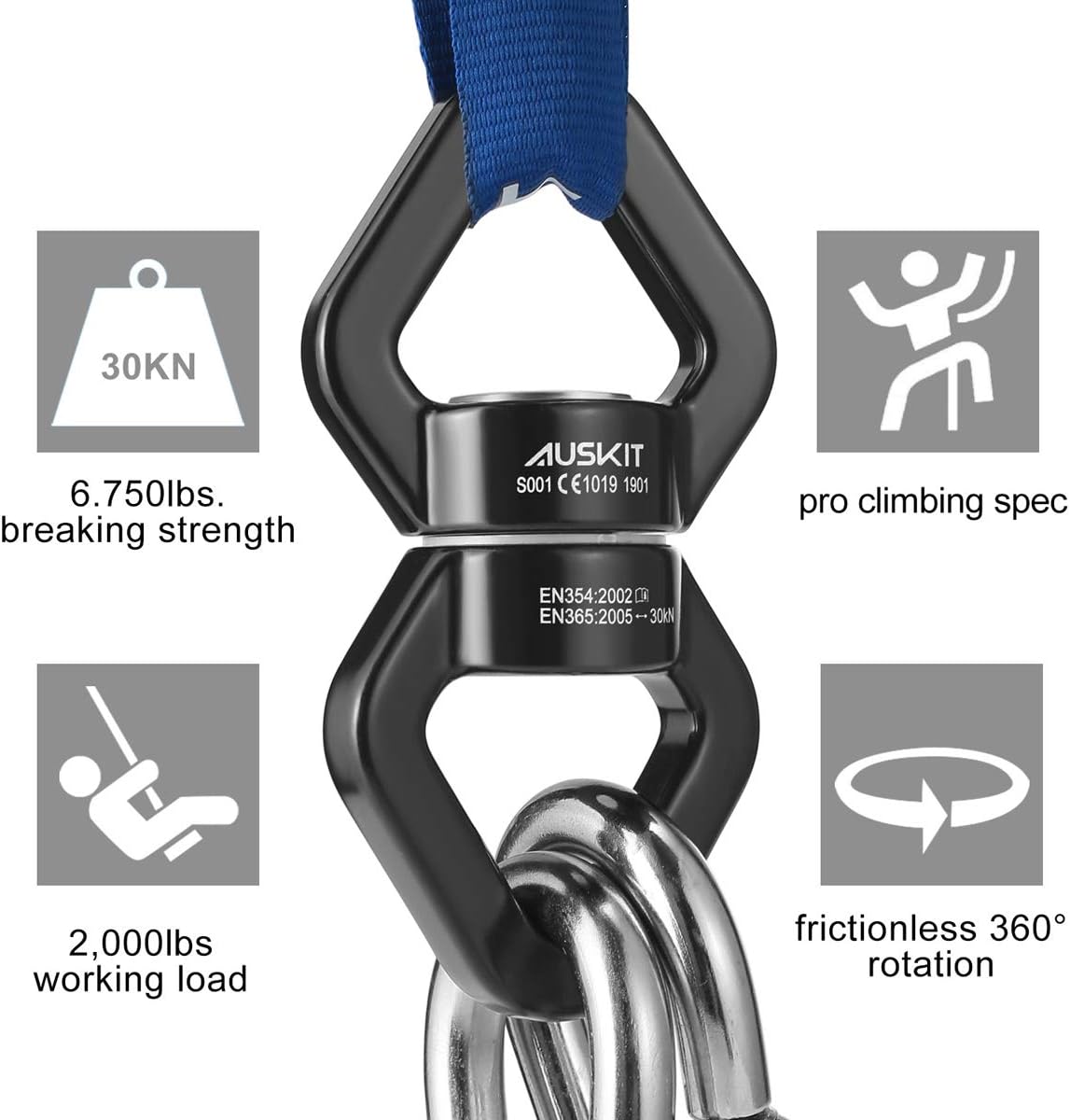 AusKit Swing Swivel, 30 KN Safest Rotational Device Hanging Accessory with Carabiners for Web Tree Swing, Therapy Swing, Aerial Dance, Swing Spinner Hanger, Rock Climbing, Hanging Hammocks (Black): Sports & Outdoors