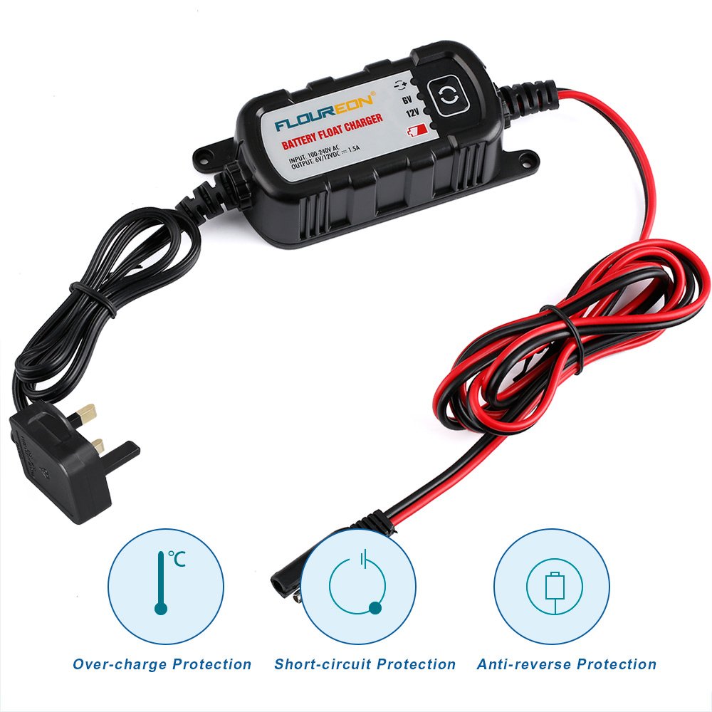 FLOUREON 1.5Amp 6V/12V Car Battery Charger and Maintainer with 5 Steps Fully Auto Detect Charging for Cars, Motorcycles, ATVs, RVs, Powersports, Boat, Rescue and Recover Lead Acid Batteries