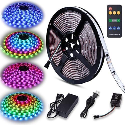 Led Strip Lights Sync to Music 5M 16.54ft Chase Effect Led Lights Kit 5050 RGB Led Rope Lights Waterproof Led Lights Strip with 360 Degree Signals Accept RF Remote 12V AC Adapter Powered
