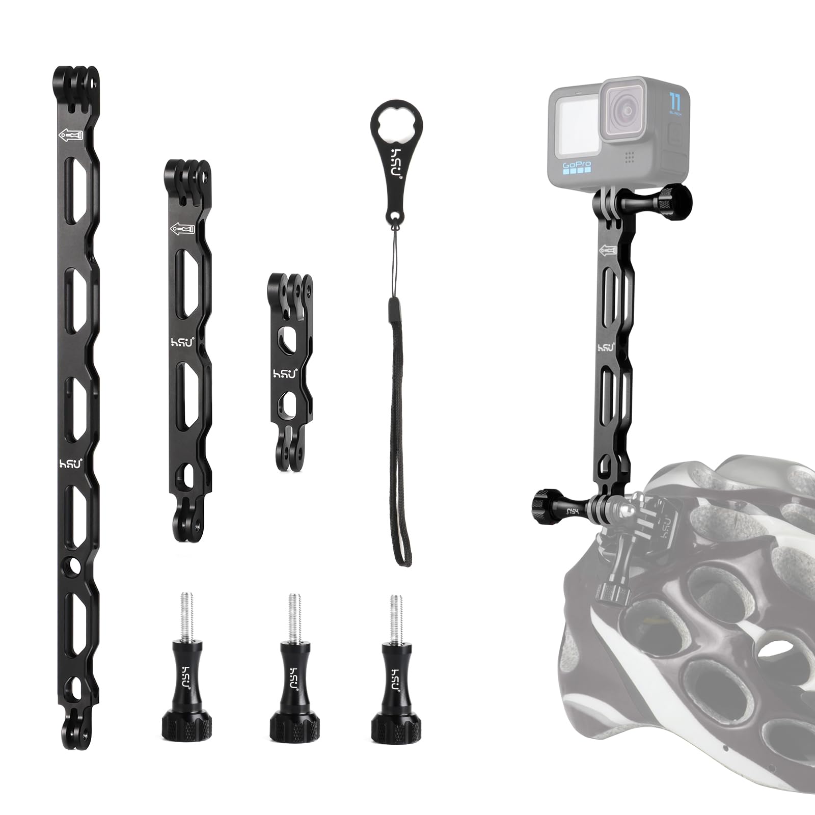 HSU Extension Arm for GoPro, Aluminum Alloy Action Camera Mount Kit, Helmet Mounts for Hero 13/12/11/10/9/8/7/6/5/4/3(Black)