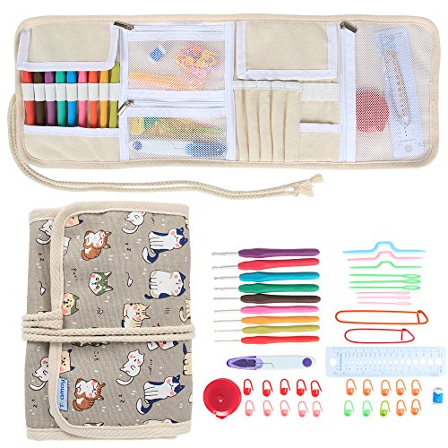 Teamoy Ergonomic Crochet Hooks Set, Canvas Wrap Organizer Roll Up, Knitting Needle Kit with 9pcs 2mm to 6mm Soft Grip Crochets and complete Accessories, Functional and Easy to Carry, Cartoon Cats