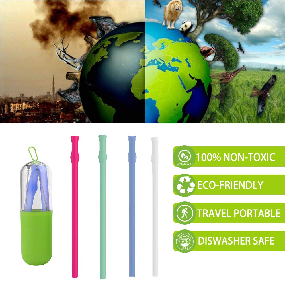 SIHUAN 4 Pack Silicone Straws Drinking Reusable - Portable Collapsible Straws - Silicone Straws - Eco Friendly Straws - Portable Straw with Case & Brushes Dishwasher Safe