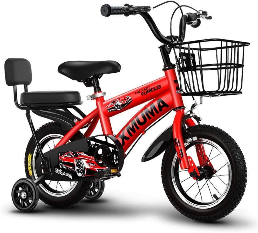 Hokaime Lightweight Children's Bike 12/14/16/18 Inch Kid's Bicycle High Carbon Steel Bike for Boy and Girl Gift Fashion Cool Bicycle, Red + Flash wheel + rear seat, 12"