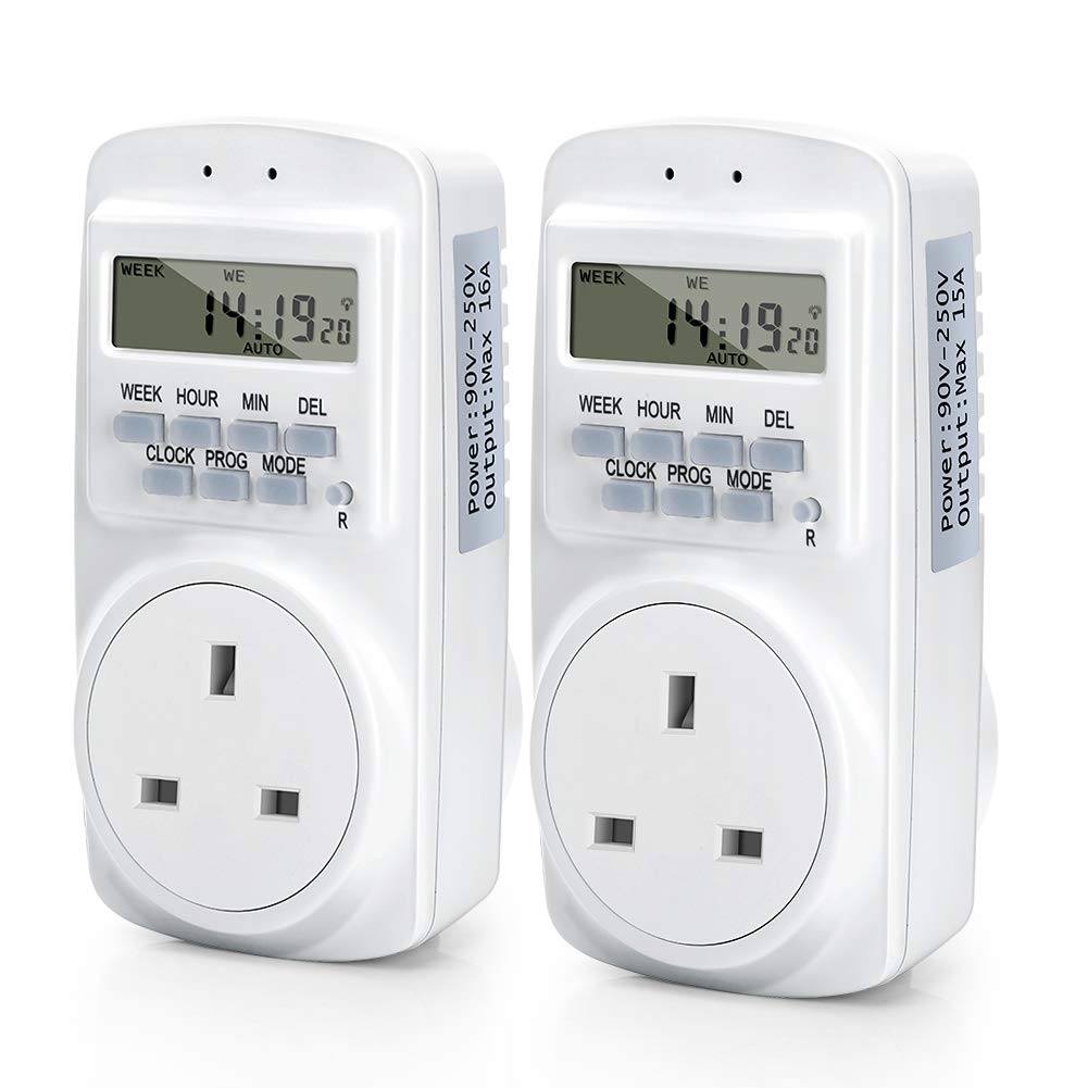 Digital Electrical Safe Energy Saving Timer Socket, 2 Pcs UK Plug Timer Socket from 1Minute to 7 Day Totally 16 Different Program Group, Easy Operate Timing Socket for Home Security and Energy Saving
