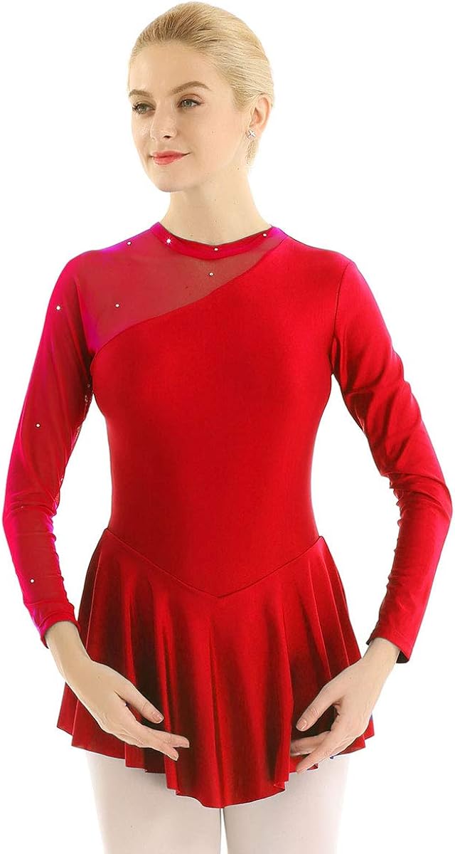 CHICTRY Women's Long Sleeve Mesh Skirt Figure Skating Dress Built in Briefs Ballet Dace Wrap Skirt: Clothing