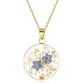 AUNTESIGN Forget-Me-Not and Queen Anne's Lace Pressed Wildflower Necklace | Birth Month Real Flower Necklace | Gold/Silver Pressed Flower Jewelry | Personalized Handmade Jewelry