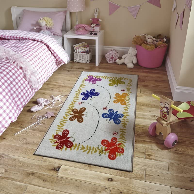 BuyElegant Butterfly Print Non Slip Polyester Area Rug for Kids bedroom Nursery Carpet for any floor types - 150 x 80 cms