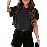 Tankaneo Women Short Sleeve Cropped T-Shirts Crew Neck Loose Crop Tops Summer Casual Drop Shoulder Basic Tees