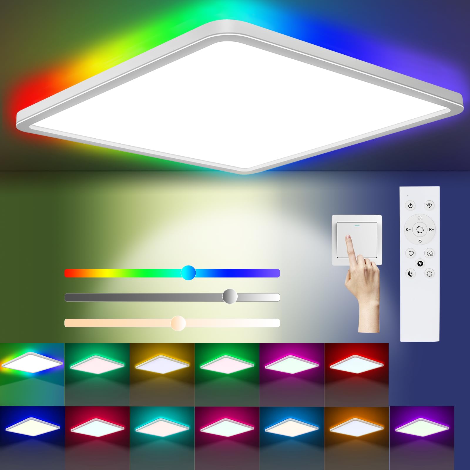 LED Ceiling Light Dimmable, 24W 3200LM 13 RGB Color Changing Bathroom Light 3000-6500K with Remote Control, Timer & Memory, IP54 Waterproof 30CM Square Flush Ceiling Lamp for Kitchen Bedroom Hallway