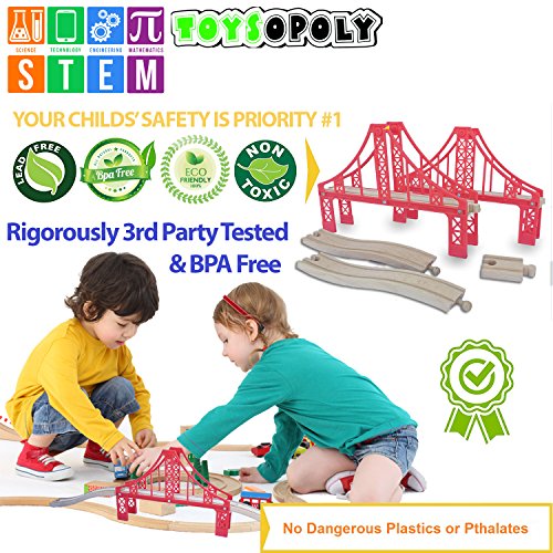 FLASH SALE | Double Suspension Bridge - Deluxe Wooden Toy Accessories For Kids Toddler Boys Girls - Compatible with Thomas Trains Railway, Brio Tracks, and Major Brands. 2x Red Bridges