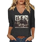 Women's Fall Halloween 3/4 Sleeve V Neck Shirt Vintage Hocus Focus Graphic Tee Funny Family Party Matching Holiday Tops
