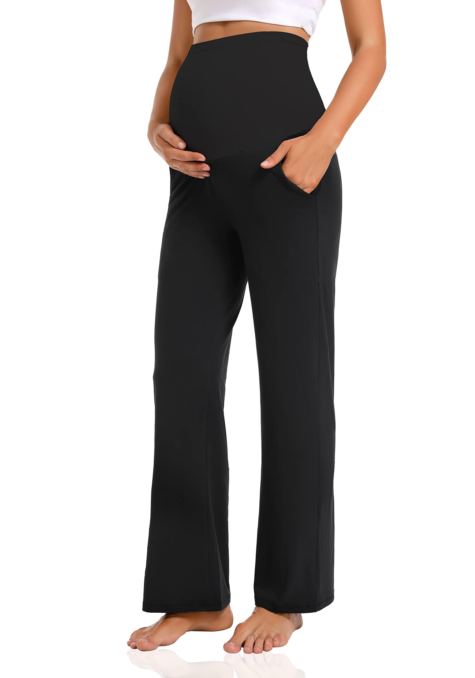 Photo 1 of V VOCNI Women's Maternity Lounge Pants Pockets Stretchy Pregnancy Trousers Comfy Wide Leg Yoga Pajama Pants Black Medium